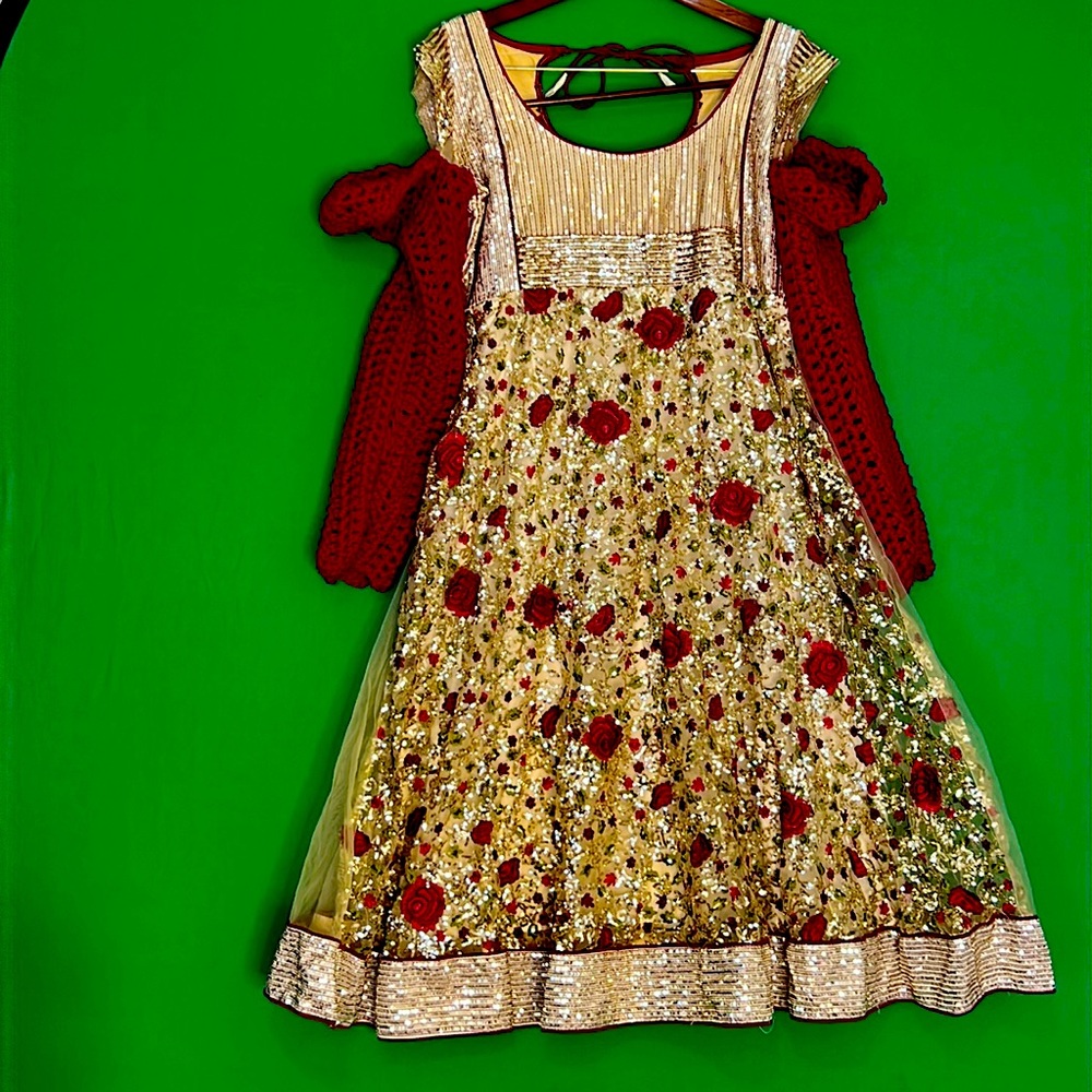 Reconstructed India style wedding dress. Hand crocheted sleeves. Sequin accents.